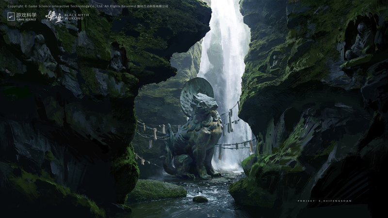 concept art, sculpture, waterfall, river, 1080P, video game art, digital art, Black Myth: Wukong