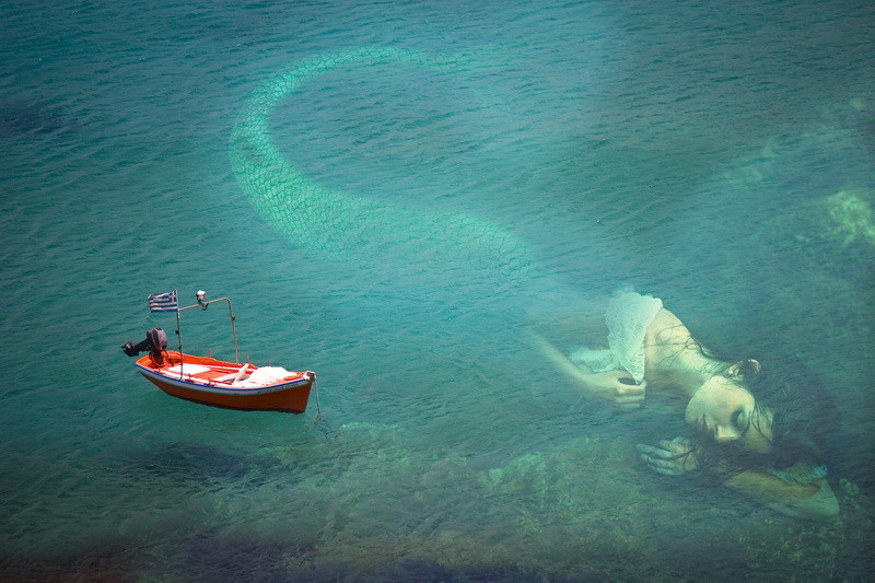 magic, boat, no people, peace, myth, turquoise colored, mode of transportation, mystery, mermaid, outdoors, high angle view, group of animals, nature, transportation