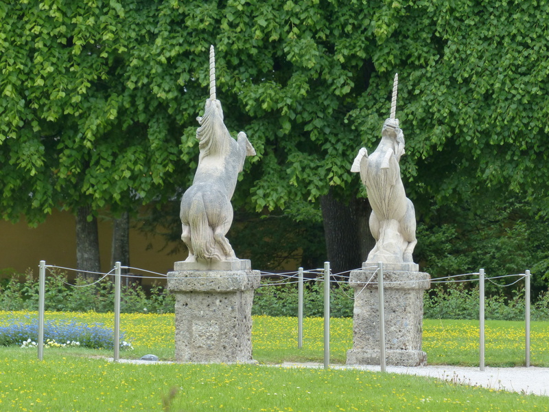 no people, horses, representation, tree, green, hellbrunn, stone figures, sculpture, unicorn, fence, steeds, concrete, human representation, animal wildlife