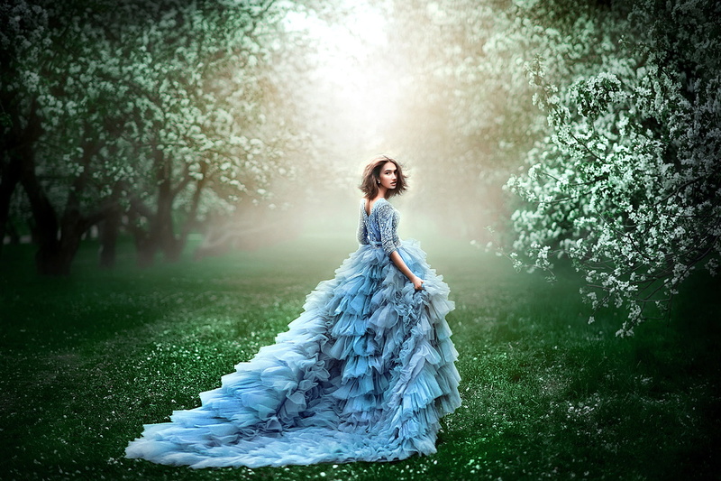 flowers, grass, garden, dress, 1080P, nature, photographer, greens, lawn, spring, branches, flowering, Maria Lipina, morning, girl, glade, young, walk