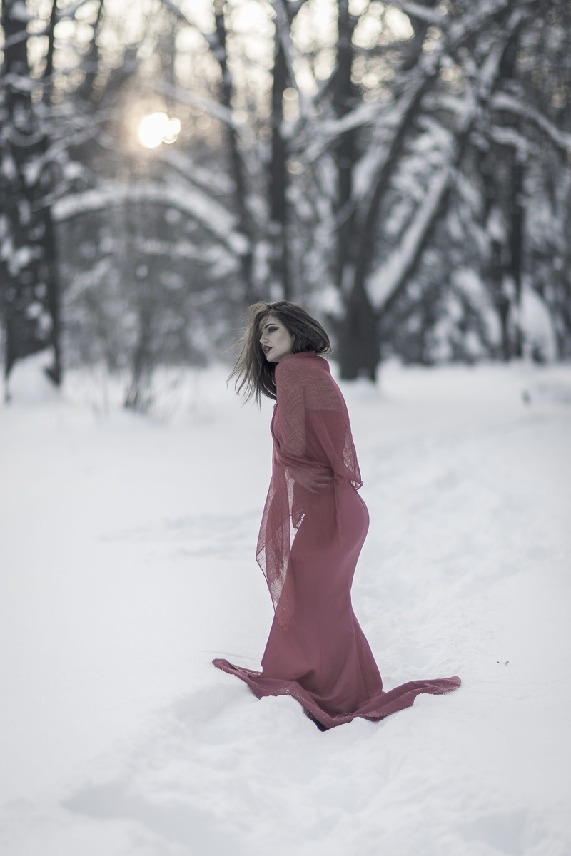 beautiful woman, warm clothing, leisure activity, land, woman, beautiful, elegance, beauty, hairstyle, females, cold, 2K, nature, tree, red dress, winter