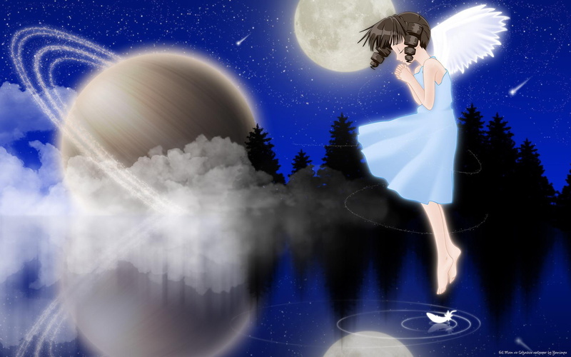 planets, moon, cities, angel, japanese, water, anime, reflections, clouds, 1080P, 3d and abstract, fantasy, saturn