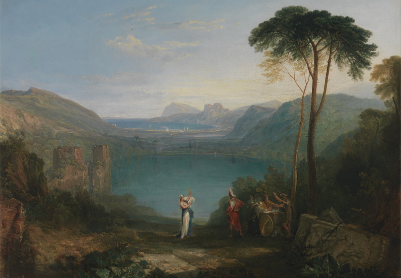 lake, mountains, picture, Lake Avernus - Aeneas and the Cumaean Sybil, William Turner, myth, landscape, 2K, trees