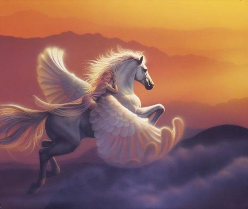 720P, unicorn, fantasy, wing, sky, horse, sunset, girl, cloud, pegasus