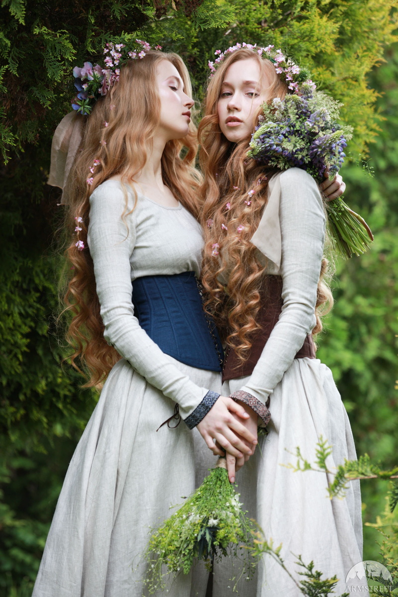 portrait display, model, Armstreet, women outdoors, long skirt, flower in hair, long hair, flowers, 1080P, nature, portrait, corset, women