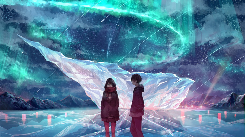 couple - relationship, two people, anime couple, indoors, anime girl, digital composite, Anime, boy, 1080P, three quarter length, space, standing, ice field