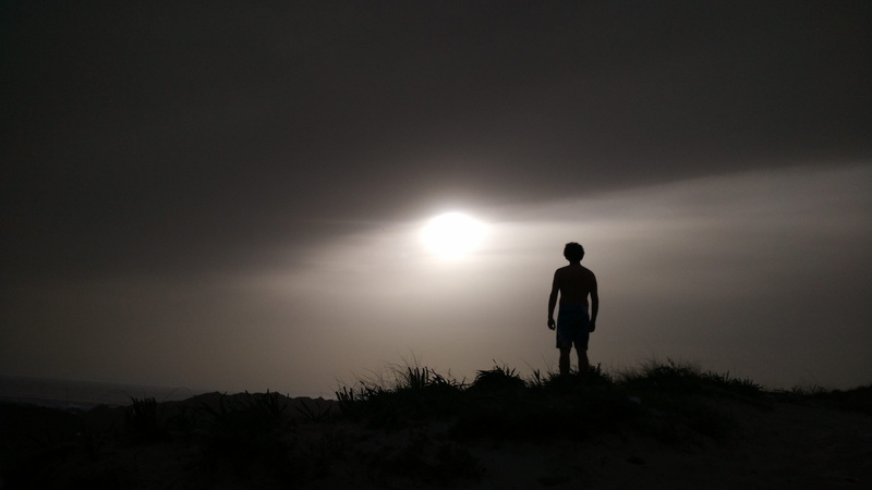 tranquility, beauty in nature, grey, cloudscape, man, clouds, shadow, rear view, copy space, sun, land, 4K, outdoors, solitude, dark, scenics - nature