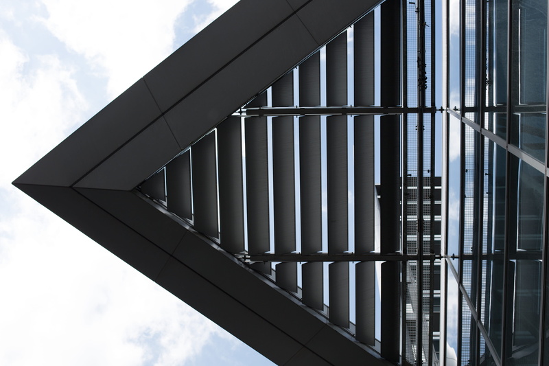 abstract, simple, triangular, architectural, day, modern, low angle view, street, cloud - sky, office building exterior, window, sillouette, metal, building exterior