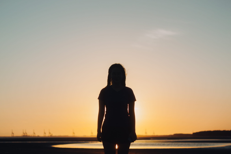 sunrise, sunset, orange color, 4K, standing, rear view, front, sky, adult, lake, woman, one person, leisure activity, sillouette, lifestyles, portrait