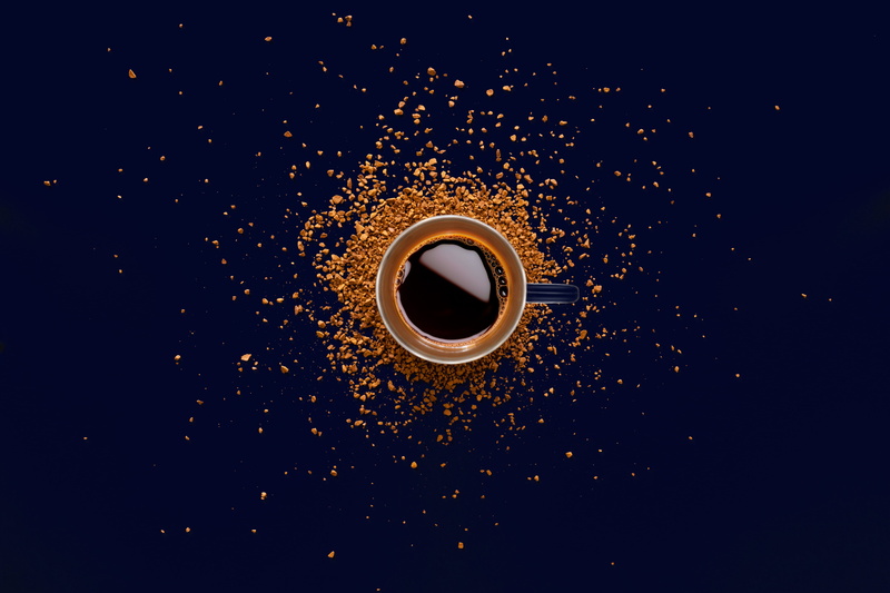 flat, brewed, non-alcoholic beverage, photograph, water, food and drink, close-up, no people, motion, black background, mug, coffee, coffee grains, 5K