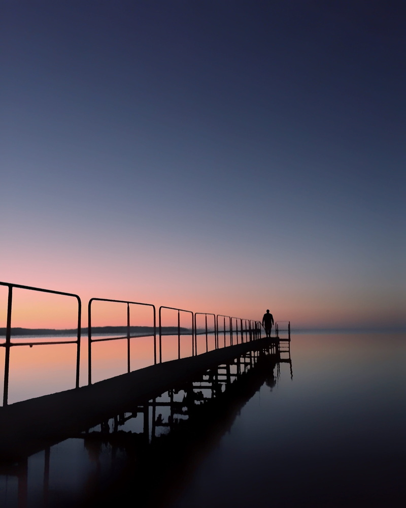 photo, lake, railing, silhouette, sunrise, nature, idyllic, bridge, non-urban scene, built structure, reflection, sea, ocean, tranquility, clear sky, no people