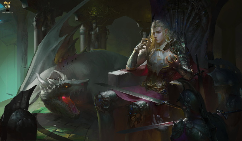 the throne, white dragon, knights, 1080P, king, cruise, art, sword, horns, ritual, the ceremony, GjscoolArt, armor, Prince