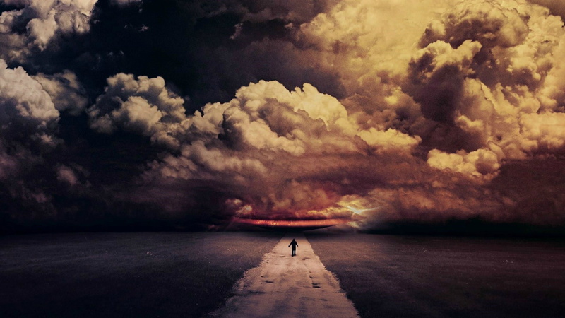 tranquility, rear view, sea, horizon, nature, cloudscape, field, alone, 1080P, sky, walking, one person, people, land, direction, water, clouds, aliens