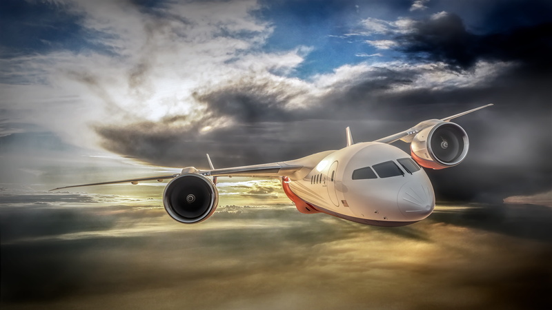 private airplane, no people, idea, commercial airplane, 3d, outdoors, cloudscape, modern, flying, innovation, plane, jet, aircraft wing, flight, studio