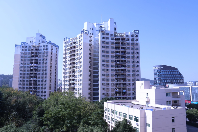 outdoors, apartment, built structure, residential district, office building exterior, tree, plant, tall - high, city, building, blue, no people, modern