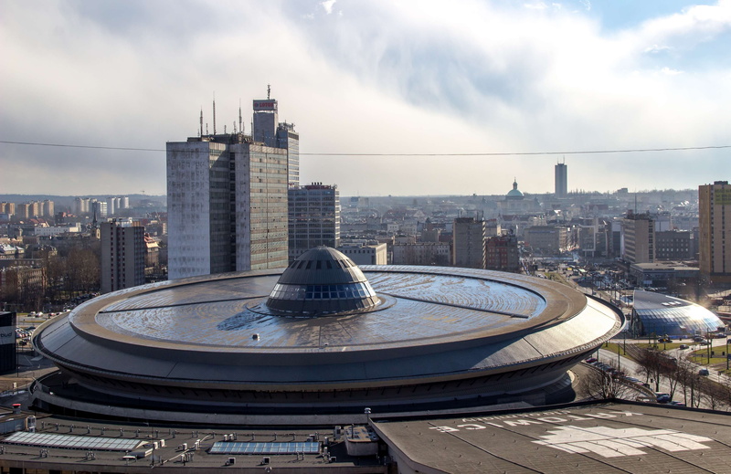cloud - sky, sunshine, cityscape, day, office, no people, city, sun, urban skyline, built structure, office building exterior, spodek, outdoors, building