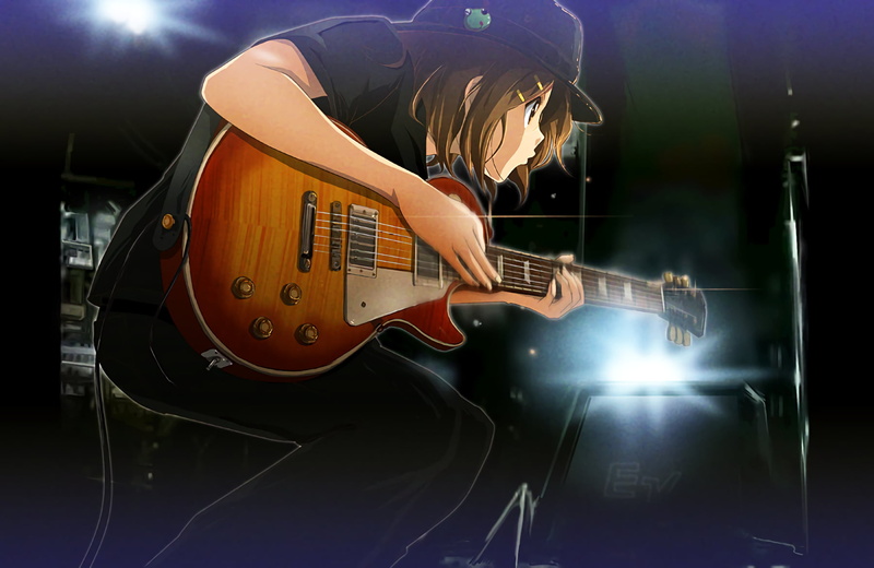 brunette, short hair, 2D, brown eyes, black shirt, electric guitar, 720P, depth of field, fan art, black pants, Hirasawa Yui, K-ON!, looking away, anime