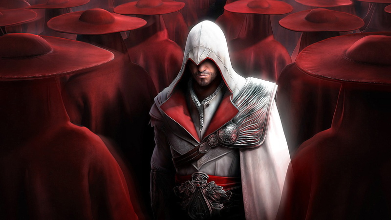 young adult, indoors, fashion, video games, Assassins Creed, red, looking at camera, portrait, standing, front view, graphic, adult, creed, stage - performance space