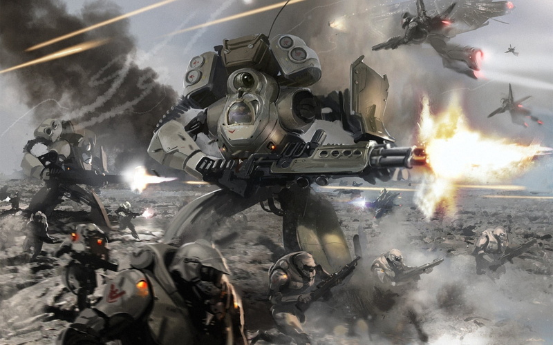 digital art, fighting, war, day, exploding, military, futuristic, robot, conflict, burning, smoke - physical structure, outdoors, nature, armed forces