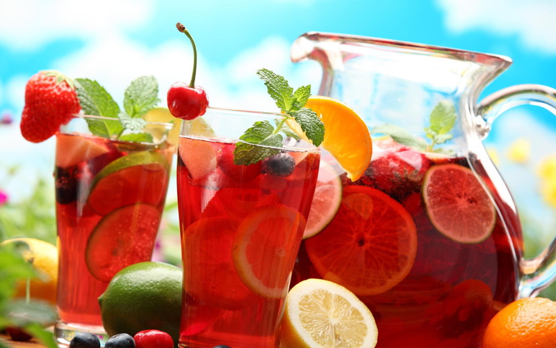 3d and abstract, glass, cherry, drink, 1080P, juice, summer, perfect, lemon, fresh