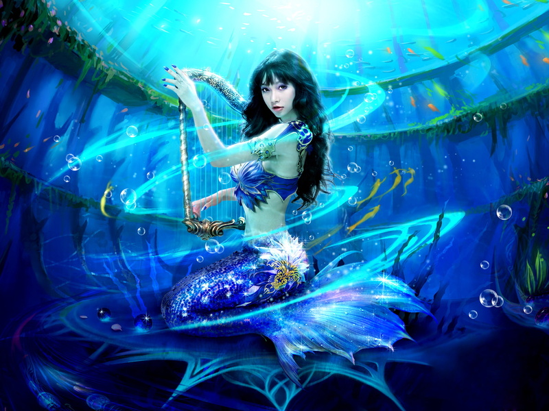 Harp, Blue, 1080P, Fantasy, Video Game, Perfect World, Girl, Woman, Underwater, Mermaid
