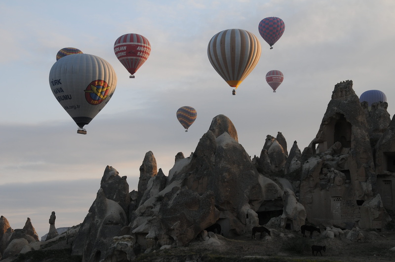 sky, hot air balloon, stone, rock, solid, colorful, landscape, geology, ballooning, cappadocia, mid-air, vivid, architecture, adventure, transportation