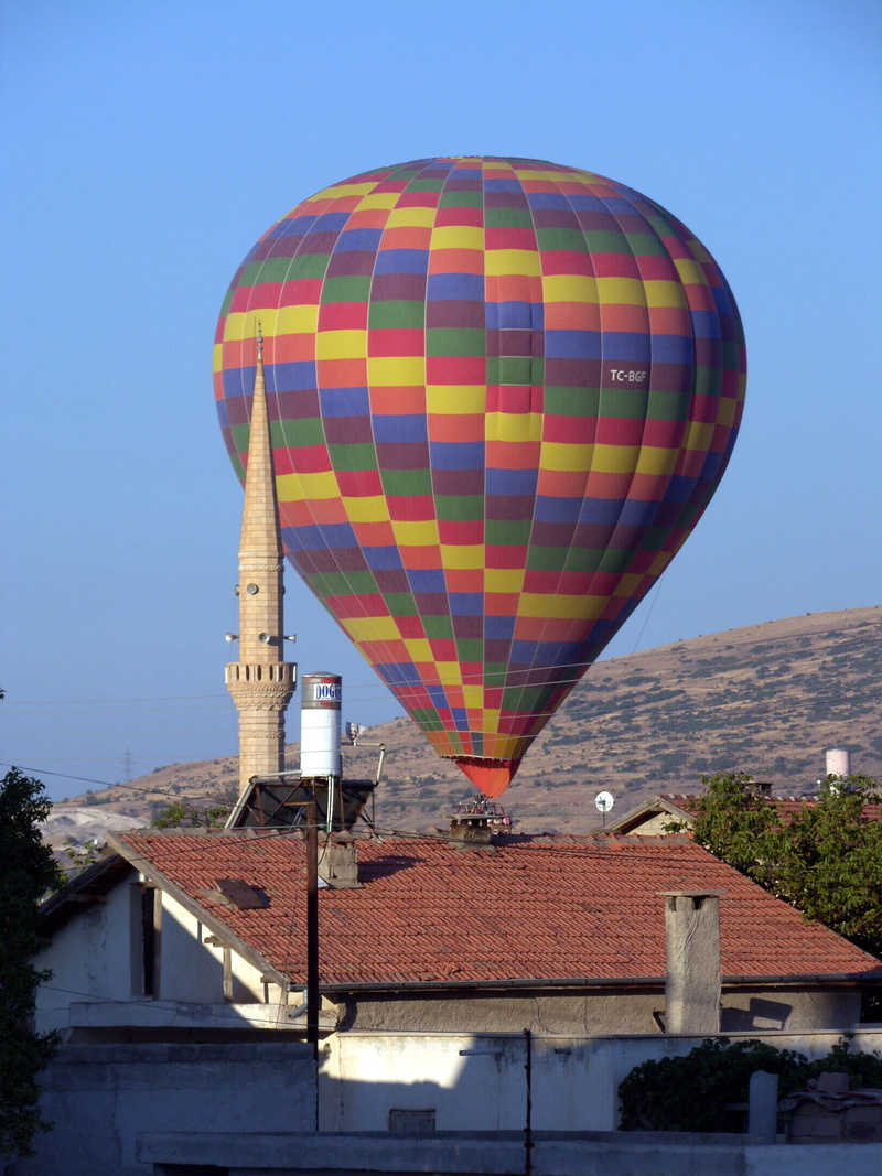 ballooning, summer, transportation, multi colored, turkey, mid-air, cloudy, yellow, blue, building, colorful, landscape, naturale, built structure, outdoors
