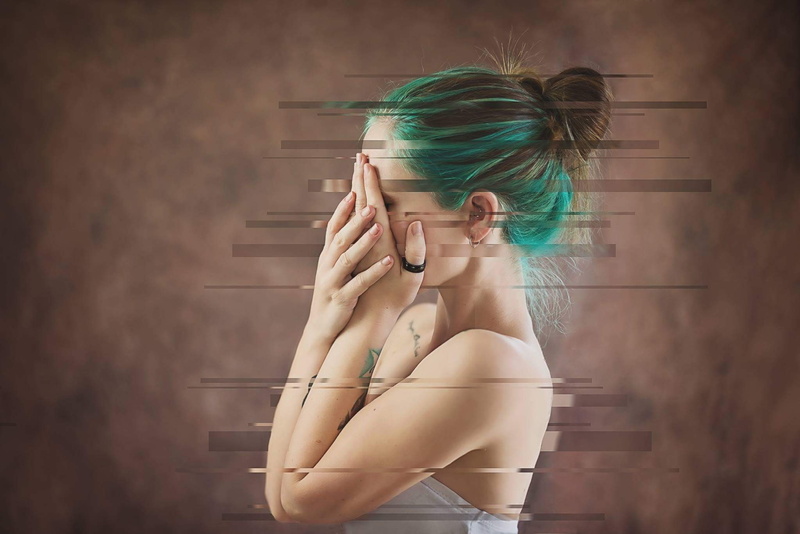 rings, covering face, photo manipulation, women, 1080P, tattoo, dyed hair, blue hair