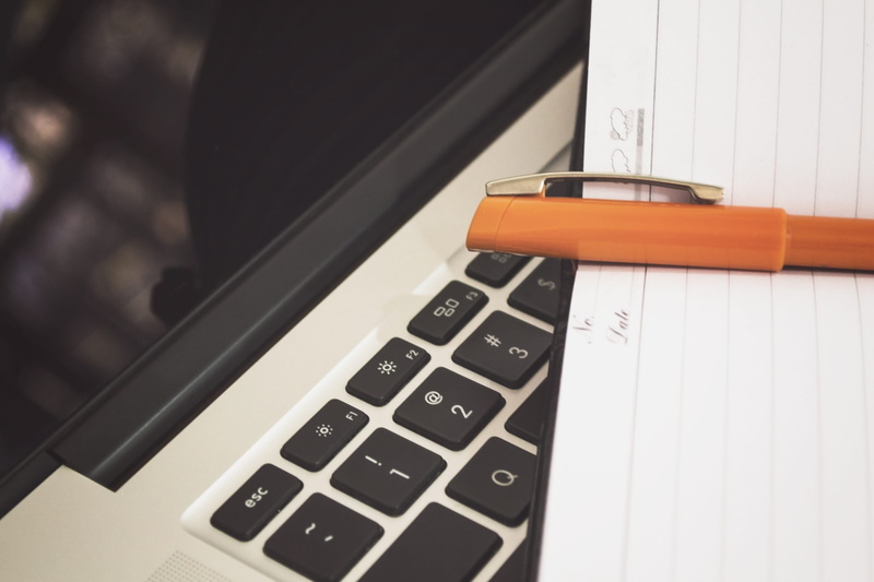 communication, close-up, placed, leather, portable information device, macbook, notepad, technology, still life, writing instrument, keyboard, computer