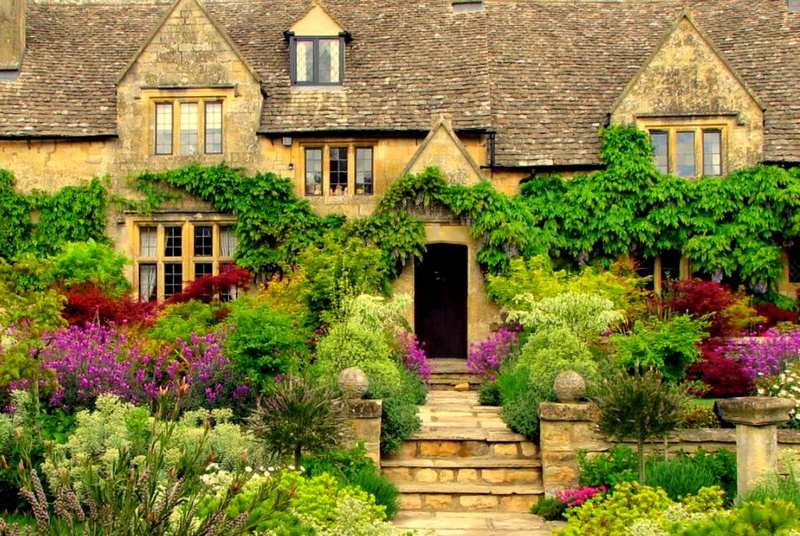 brick house, flowers, animals, 1080P, bushes, house, garden, england, trees, manor, english