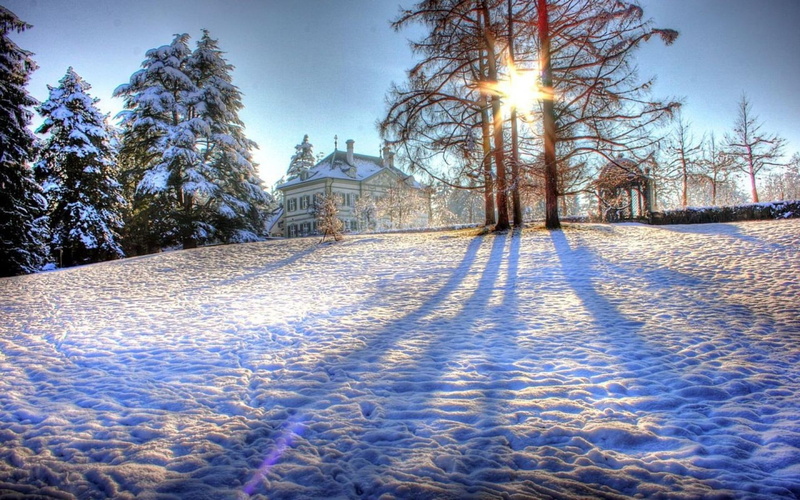 day, nature and landscapes, sunny, hill, manor, 1080P, hdr, country, house, gazebo, trees, winter