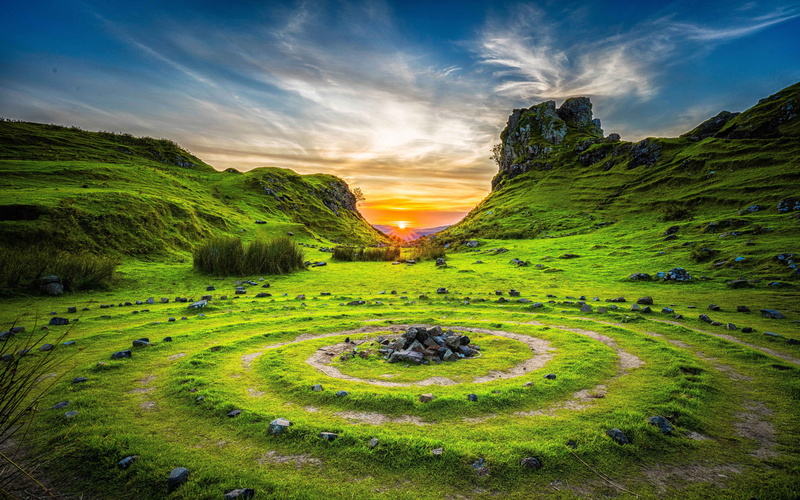 scenics - nature, past, beauty in nature, testimony, grass, green color, k, land, hd, desktop, no people, sunset, mountain, cloud - sky, nature, flowing water