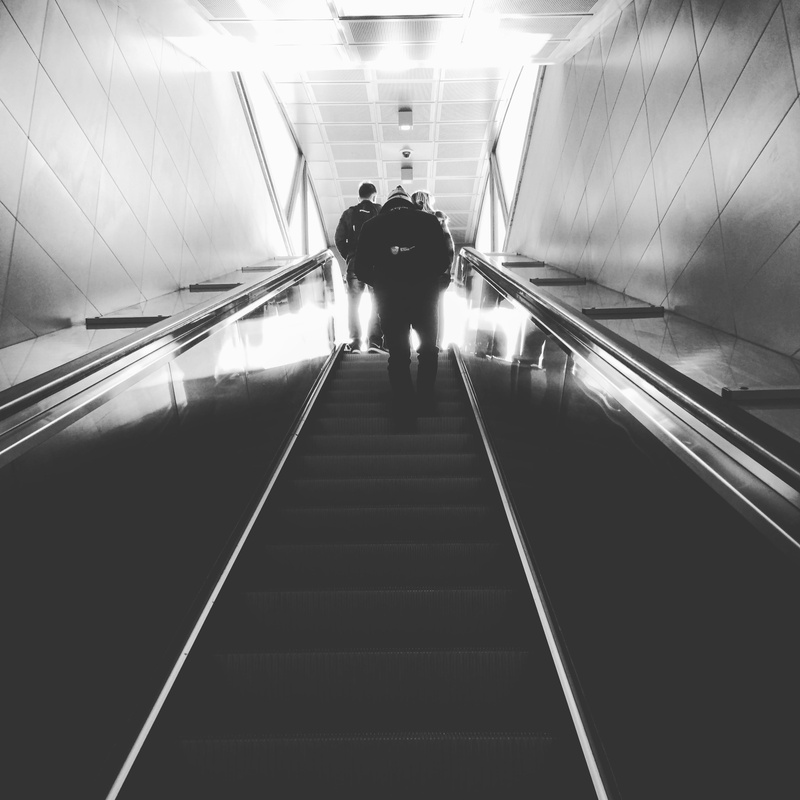 escalator, building, modern, direction, rear view, climb, the way forward, escalaror, grayscale, ascent, full length, climbing, transportation, lifestyles