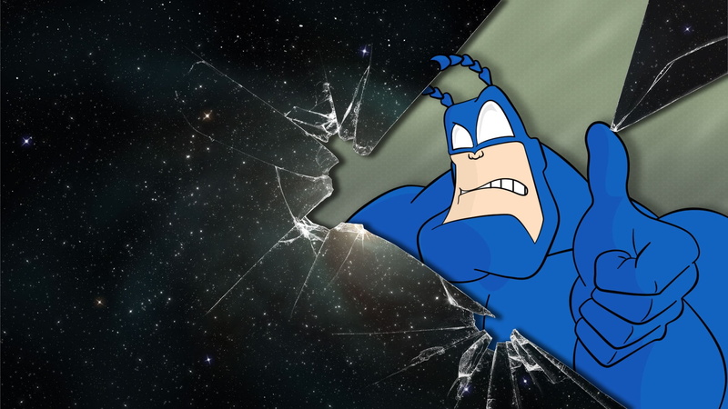 human representation, superhero, broken glass, sky, space, outdoors, cartoon, architecture, low angle view, nature, The Tick, no people, star - space