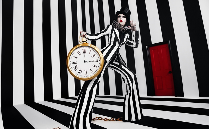 Creative, Ikea, Advertising, Model, Stripes, BeaAkerlund, Fashion, madhouse, Gothic, Woman, Clock, 4K, Aero, WillyWonka, TopHat, ticking, Character, Time