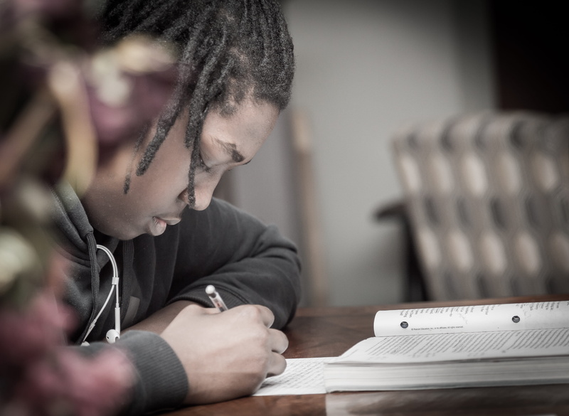 student, looking down, selective focus, writing, pencil, concentration, 4K, book, preparation, holding, table, near, learning, studying, headshot, study