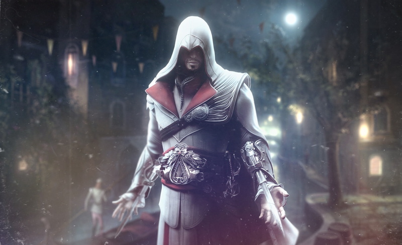 Assassins Creed, enhanced, night, 1080P, hand, young women, front view, beautiful woman, Games, fashion, long hair, ezio, clothing, adult, street