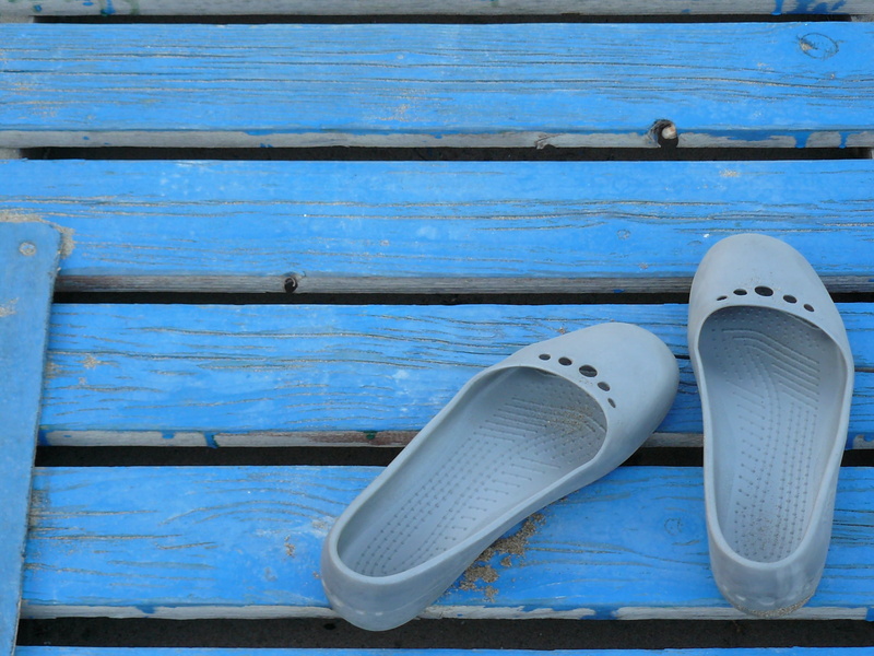 no people, blue, beach, pair, sandals, shoes, clothing, high angle view, easily, summer, white color, day, compatibility, swim, female, two objects, canvas shoe