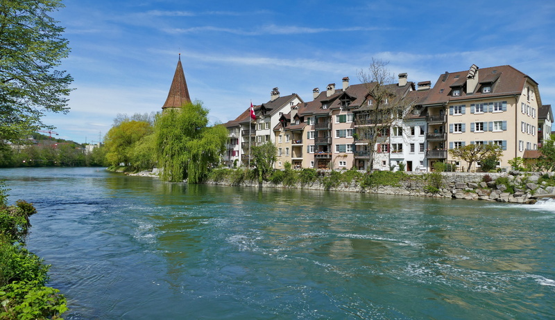 flagpole, light, building exterior, houses, outdoors, tree, easily covered, switzerland, bremgarten, building, day, clouds, nature, spray, bowever, waterfront