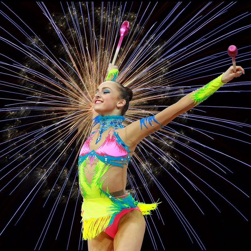 smiling, rhythmic, dancing, young adult, front view, positive emotion, dancer, cheerful, lifestyles, emotion, elegance, gymnast, motion, women, Rhythmic Gymnastics