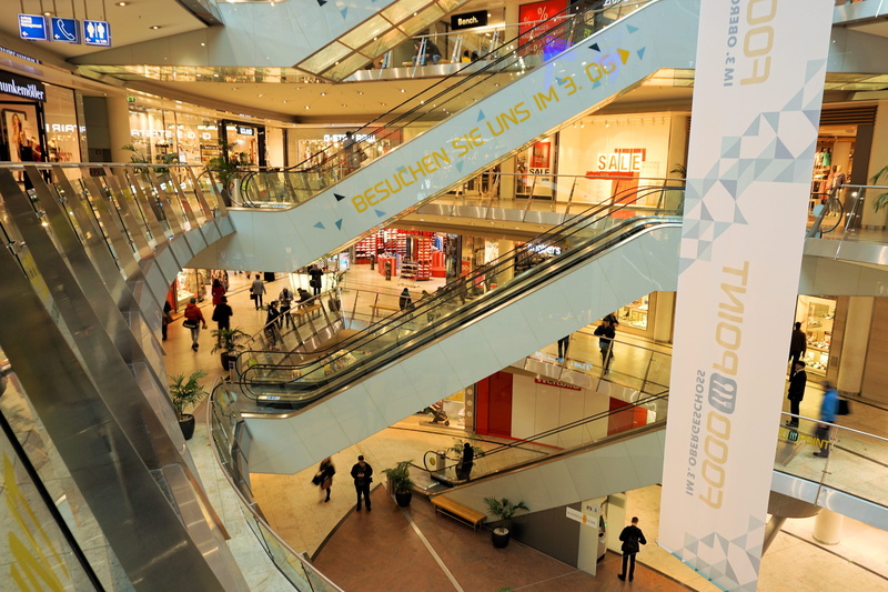 shopping mall, built structure, staircase, lifestyles, city, high angle view, real people, shopping, clothing, department store, escalator, group of people