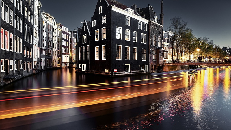 night, light trails, canal, sky, street, building, waterway, city, architecture, evening, urban area, long exposure, 1080P, long exposure photography