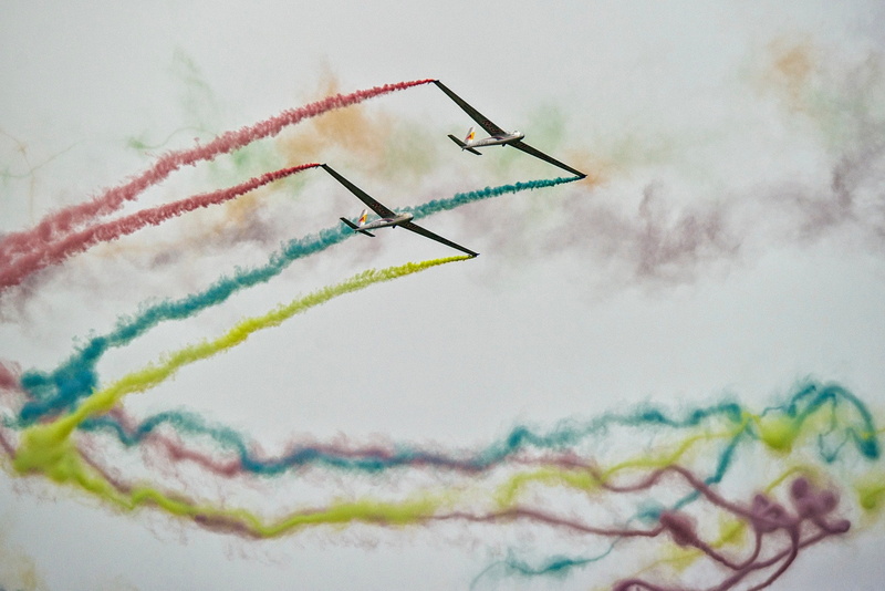 technology, flying, speed, no people, glider, sky, airshows, vapor trail, mid-air, transportation, multi colored, colored smoke, airplane, smoke - physical structure