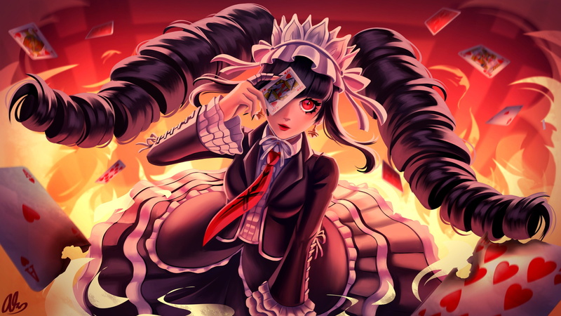 maid outfit, long hair, 4K, tie, dress, red eyes, anime girls, Danganronpa, fire, black nails, dark hair, cards, anime, looking at viewer, long nails