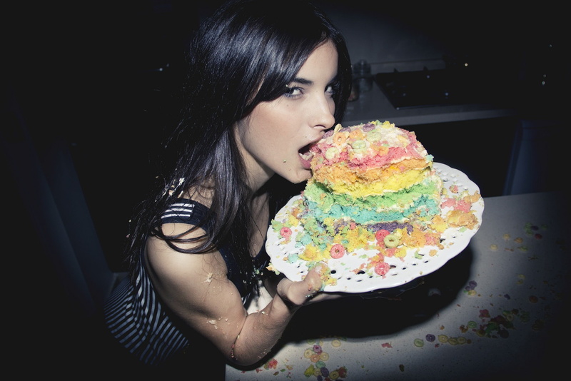 adult, hairstyle, real people, food crumbs, indulgence, food and drink, young women, black hair, beautiful woman, portrait, hair, mouth open, indoors, looking at viewer