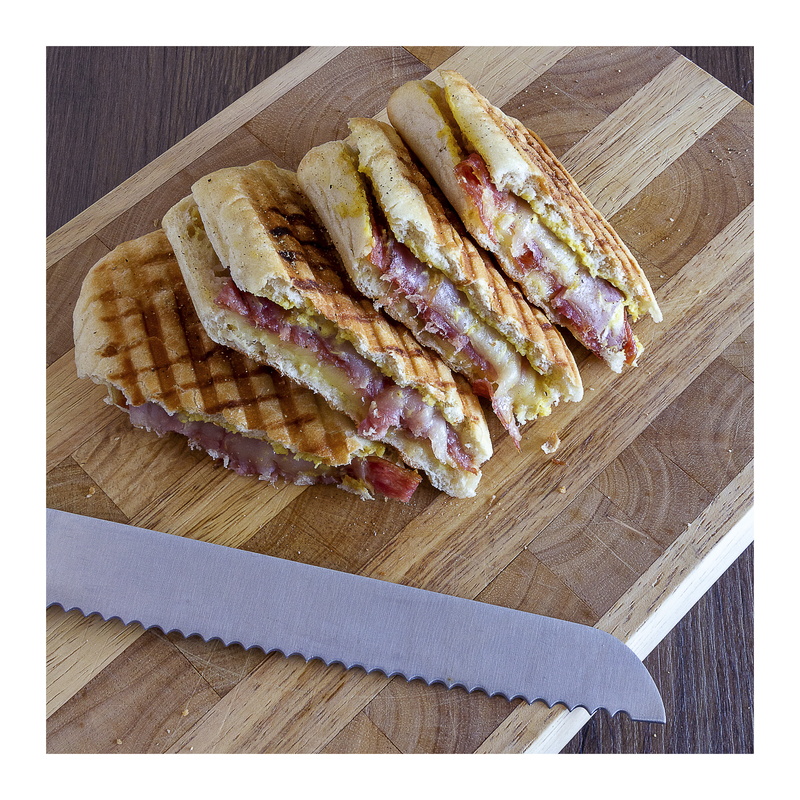 food, lunch, bread, silverware, 4K, meat, knife and fork, table knife, toast, photography, closeup, spices, cheese, wooden surface, cutting board, panini