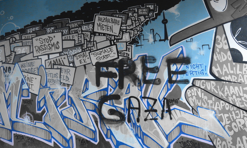 graffiti wall, composite image, graffiti, no people, war, mural, blue, human representation, 2K, gaza, digital composite, representation, spray, facade