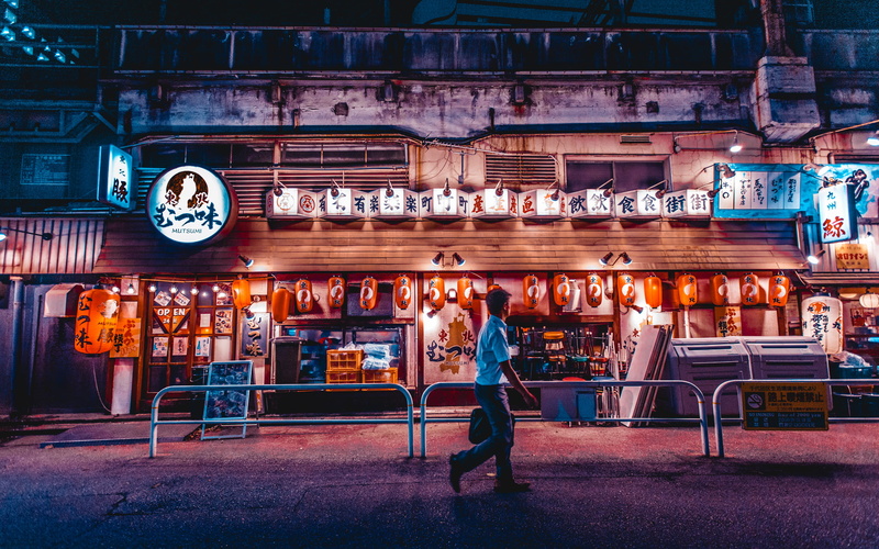 architecture, standing, night, 1080P, leisure activity, front, occupation, restaurant, women, store front, walk, business, full length, store, food and drink