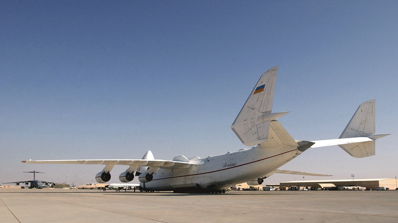 aerospace industry, transportation, Antonov An-225 Mriya, stationary, outdoors, flying, clear sky, mode of transportation, nature, airport runway, sunny