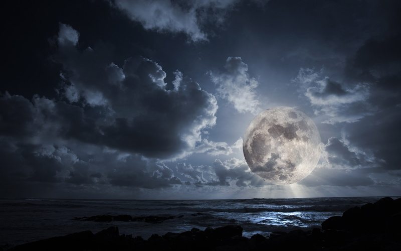 sky, moon, clouds, sea, biggest, 2K, night
